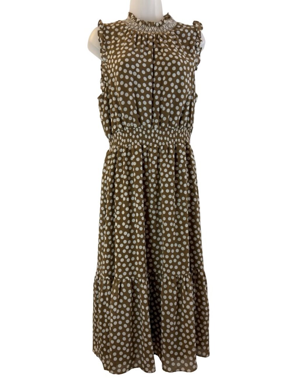 J. Crew Brown & White Sleeveless Ruffle Smocked Midi Dress Size Medium